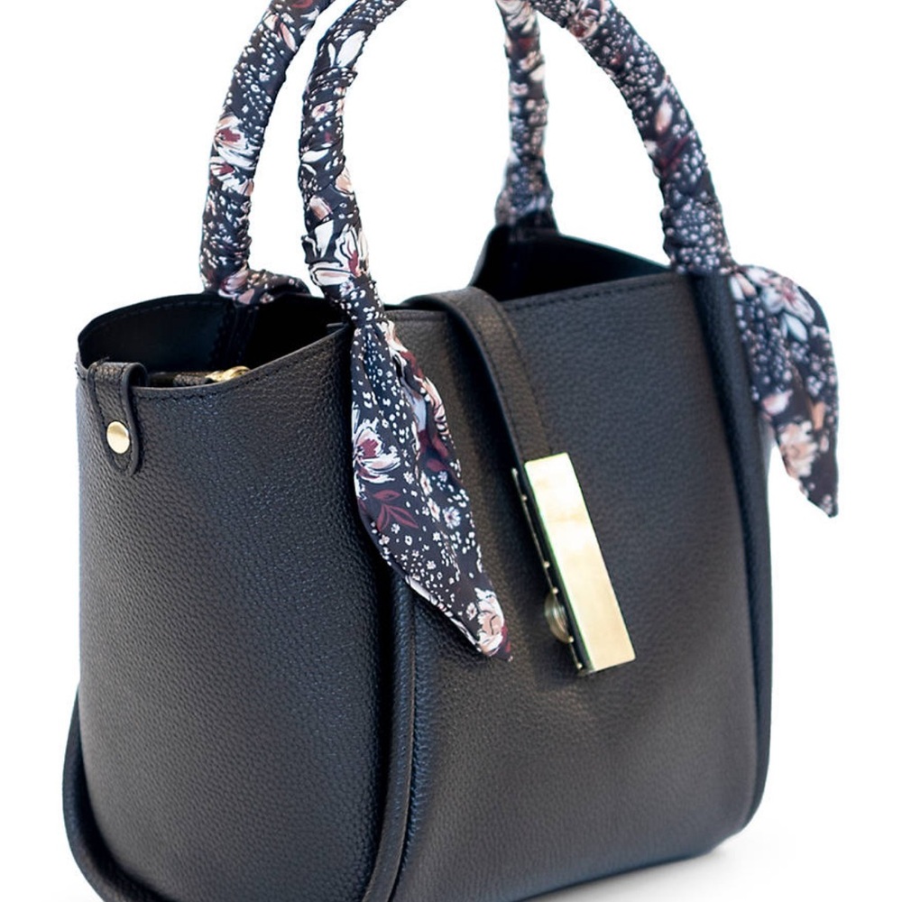 BCBGeneration Black Satchel with Floral Scarf Handle - Picture 3 of 9